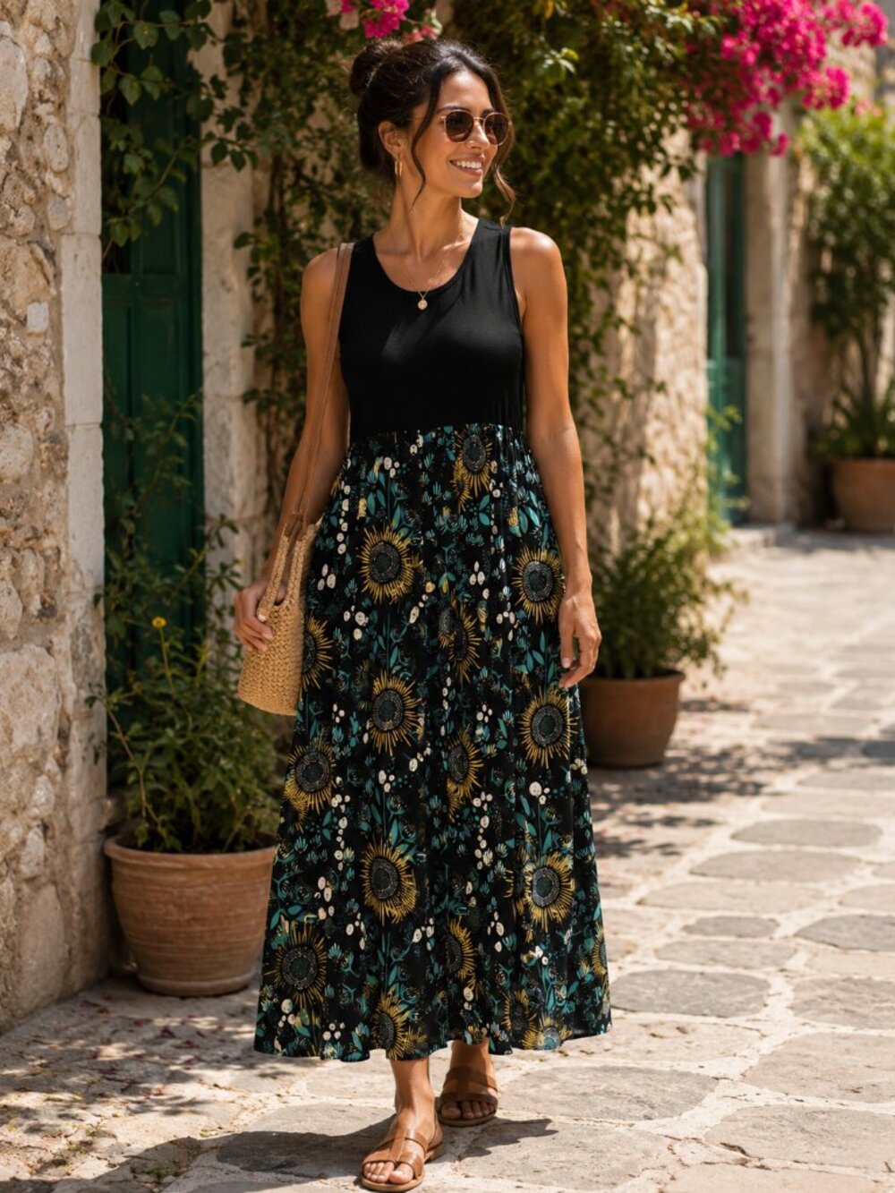 New Contrast Black Yellow Floral Sleeveless Maxi Dress 2XL
